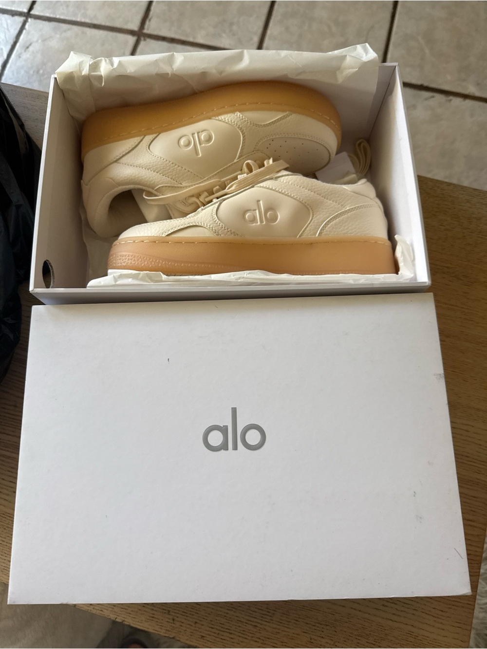 ALO Yoga Cream Sneakers with Tan Platform Sole